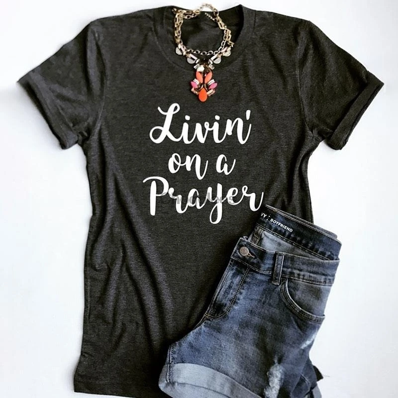 Tanio Livin na modlitwa T-Shirt kobiet O-Neck kobiety z krótkim