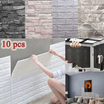 10 Pcs Self-adhesive 3D Panels Wallpaper Waterproof Foam Wall Stickers Tile Brick Living Room TV Background Decals 38*35cm 1