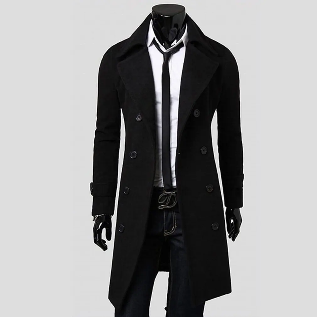 

Fashion Men Turndown Long Coat Autumn Winter Outerwear Solid Color Jacket Double-Breasted All-Match Male Overcoat