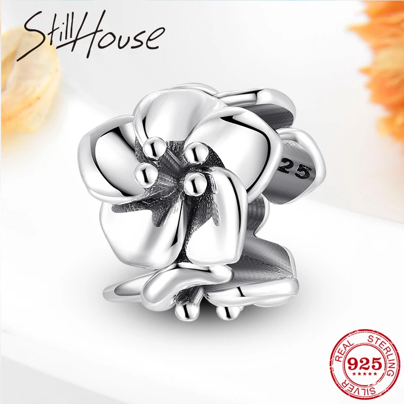 

925 Sterling Silver orchid Flowers Beads Charms Fit Original Pandora Bracelets Bangles Jewelry Making