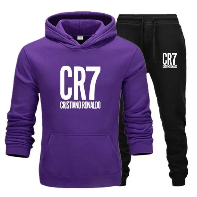purple and black-B Мужской спортивный костюм, зимний флисовый капюшон CR7, куртка с принтом+ штаны, толстовка, мужской комплект из 2 предметов, толстовки, спортивный костюм, пальто - Цвет: purple and black-B