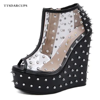 

TTSDARCUPS New High heel Thick Bottom Waterproof Platform Thick bottom Cool boots transparent rivet shoes woman Plus Size 35-40