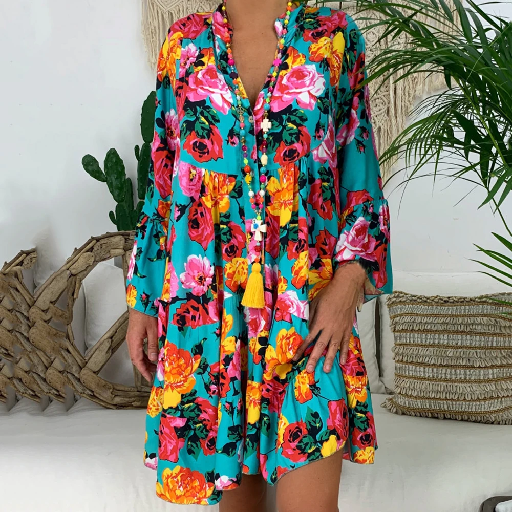 NIBESSER, Boho, цветочные, с длинным рукавом, короткие платья для женщин, весна-лето, с цветочным принтом, пляжные, свободные платья, женское богемное мини-платье