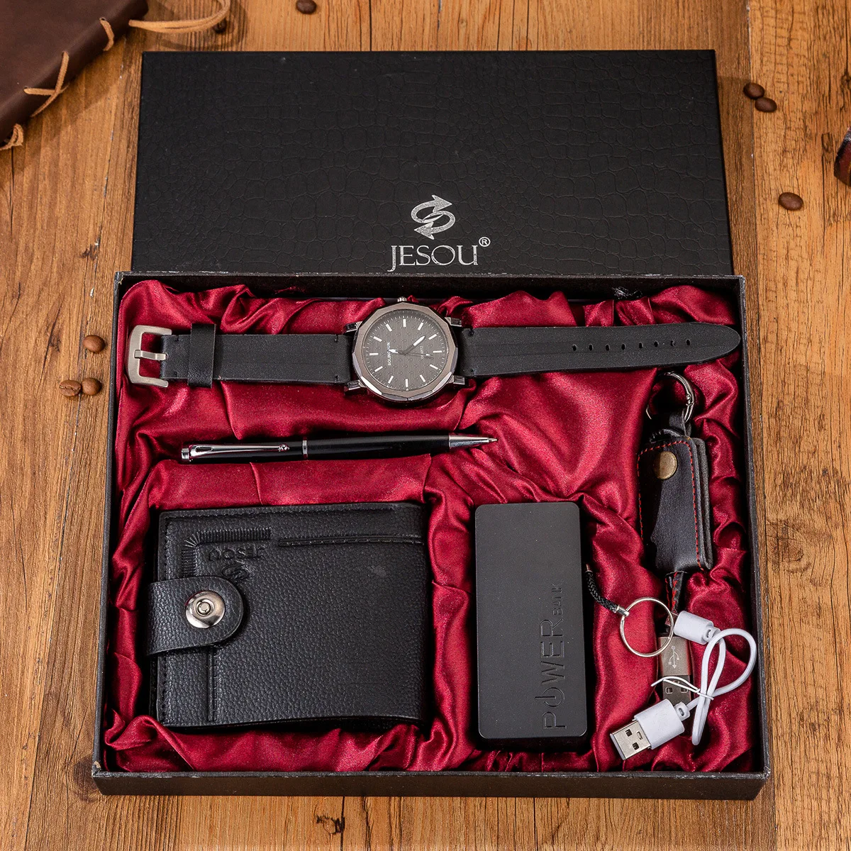 

5 Pieces Boutique Gift Set Wallet + Charger + Keychain + Large Dial Quartz Watch + Pen