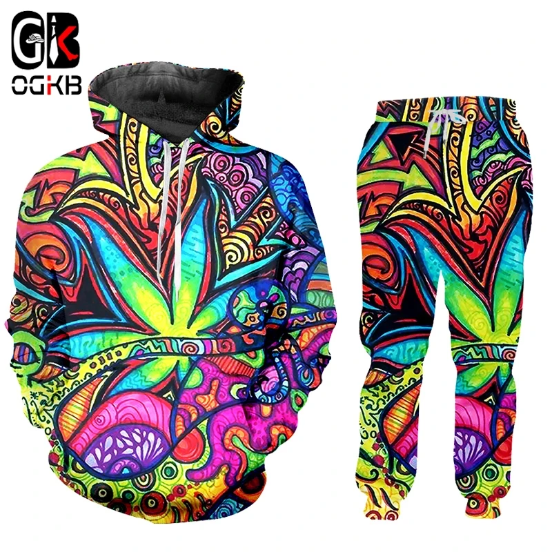 Pants Tracksuit-Sets OGKB Mens Hoodie Hiphop 3d-Print Floral And Oil-Painting-Leaves