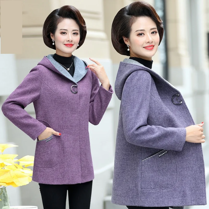 Plus size Middle-aged women Woolen coat New Autumn Winter Jacket Coats Noble Womens Wool coats Loose Hooded Overcoats 5XL F1124