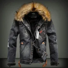 Мужская Толстая джинсовая куртка с меховым воротником в стиле ретро, рваная Теплая Флисовая джинсовая куртка, зимнее повседневное пальто, парки для мужчин, YF-17