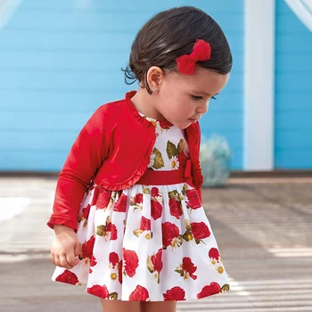 

Girl Dress Suits Children Clothes Sets Floral Dress Cardigan Bow Red Coat Princess Dress Long Sleeve Solid Coat with Skirt Sets