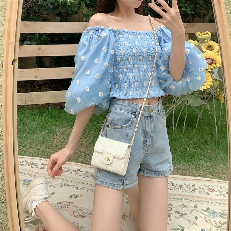 Summer New 2020 Retro Puff Sleeve Embroidered off