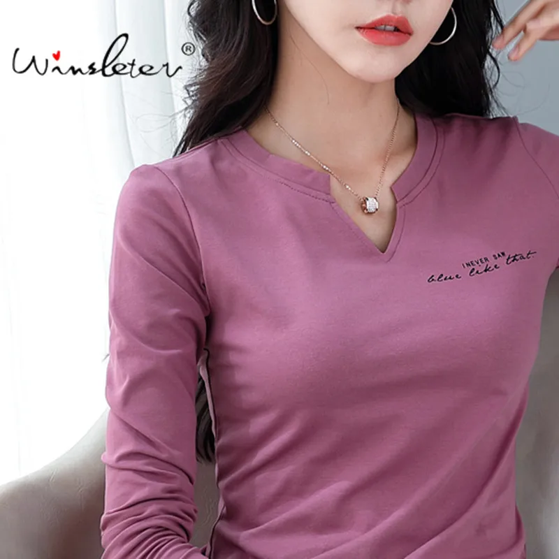 Tops Tees Clothing Cotton t-Shirt V-Neck Long-Sleeve Print Women Casual Letters T01302Y