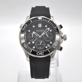 

BLIGER 41mm Mens New Black Dial Black Ceramic Bezel Quartz Watch man Rubber Strap Sapphire Glass Chronograph Movement