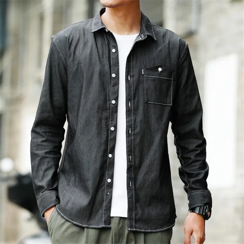 denim black Weoneit Размер S-3XLNew рубашка camicas Social Осенняя мужская модная джинсовая рубашка с длинными рукавами Мужская Повседневная рубашка на пуговицах - Цвет: denim black