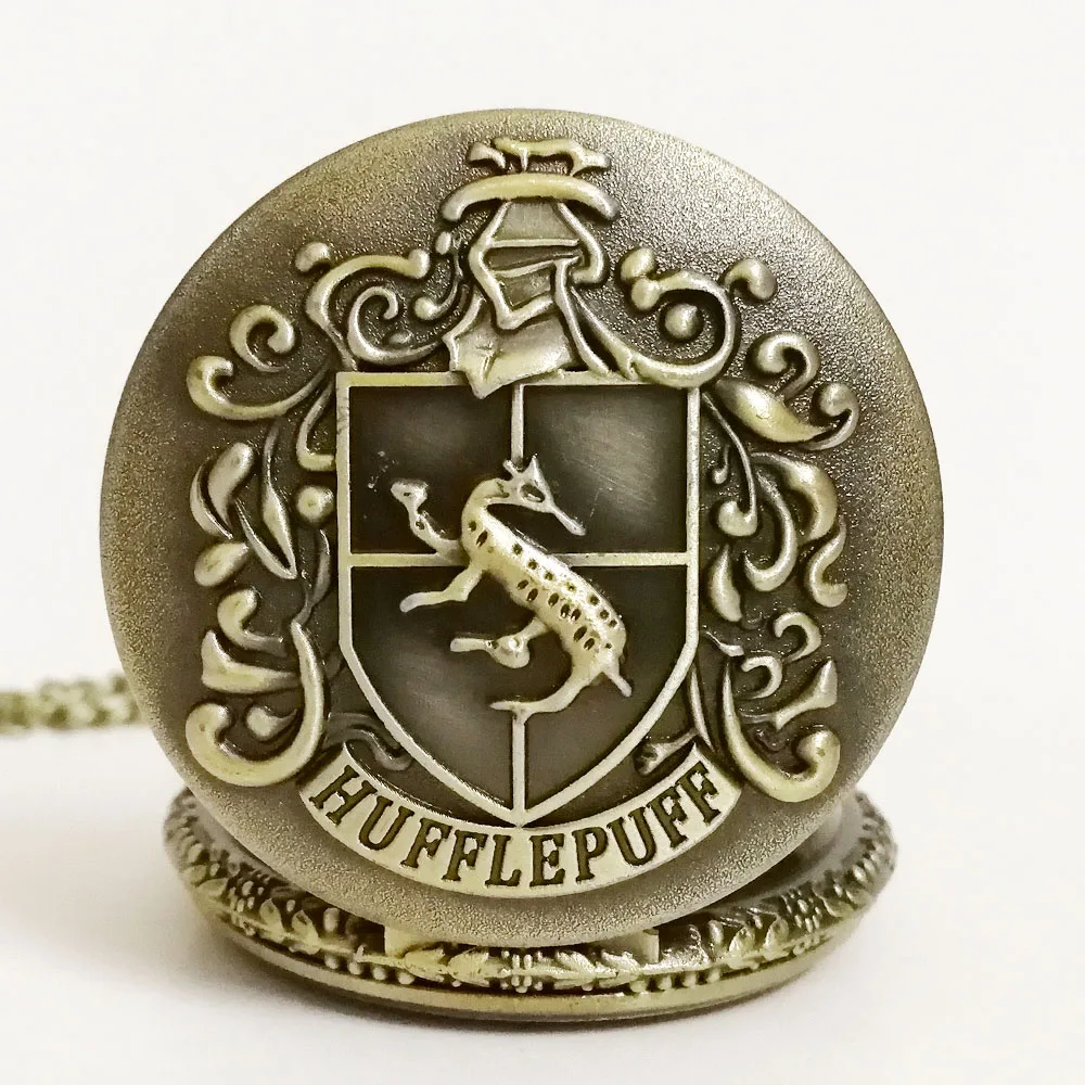 Fashion HP Hufflepuff Badger Hogwarts School Color Dial Quartz Pocket Watch Analog Pendant Necklace Mens Womens Watches Chain
