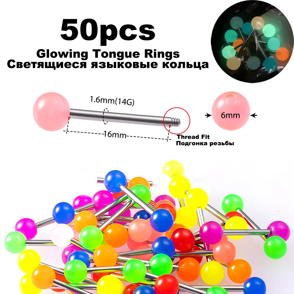 style1-50pcs 10/50 шт в наборе, светящиеся украшения для пирсинга языка для Для женщин Акриловые УФ язык пирсинг со штангой бары Красочный Световой Забавный Тела Ювелирные наборы для ухода за кожей в 14 г - Окраска металла: style1-50pcs