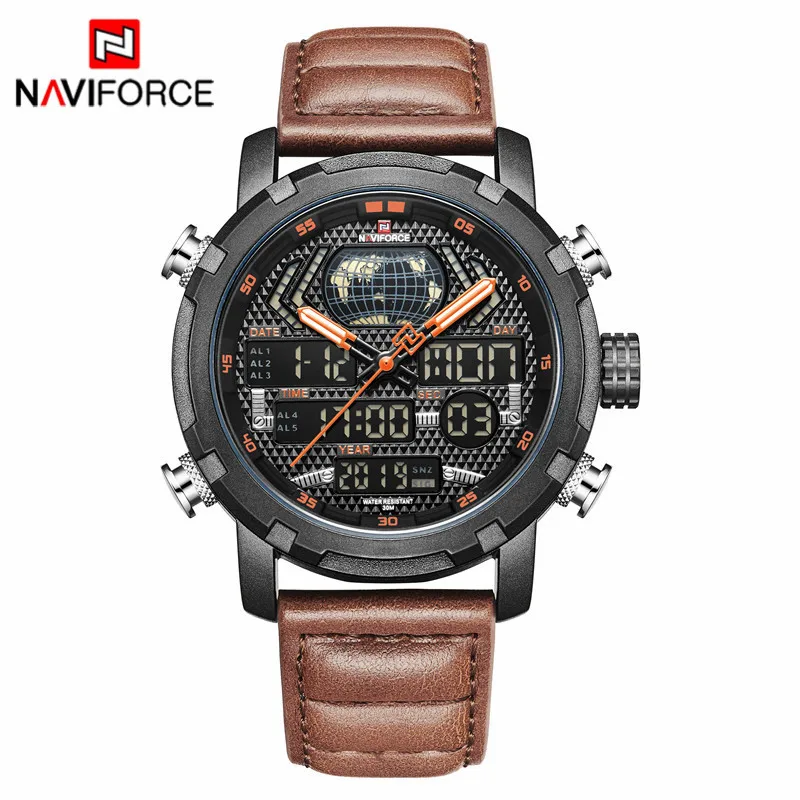 NAVIFORCE модные новые мужские спортивные часы, светодиодный Аналоговый Кожаный Водонепроницаемый Кварцевые часы, мужские часы с датой