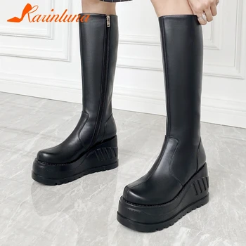 

Karinluna 2020 New Arrivals Genuine Leather Wedge High Heels Mid Calf Boots Woman Shoes Platform Zip Up Fashion Autumn Boots