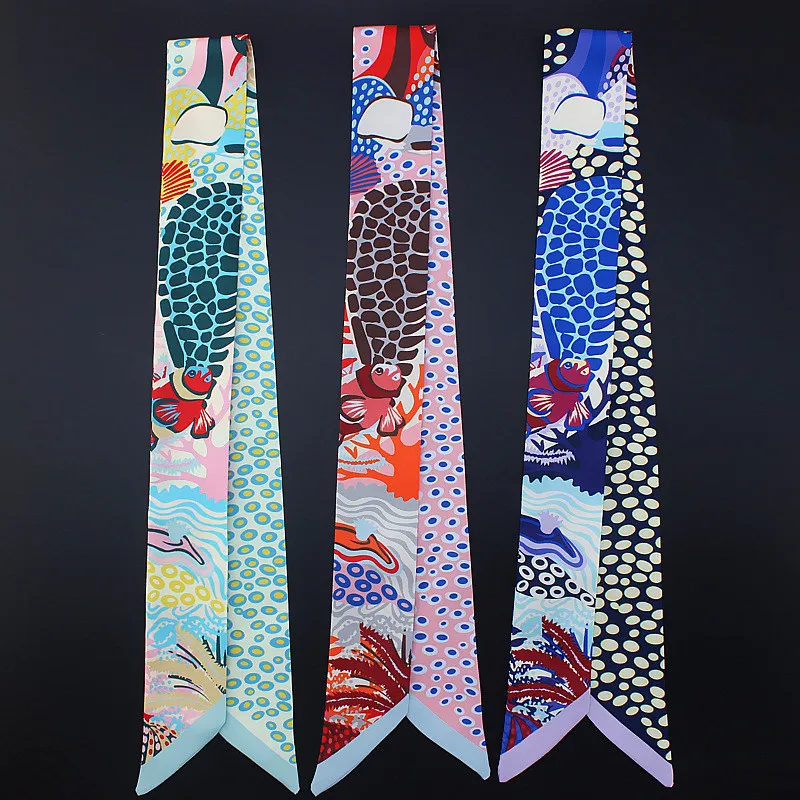 

Wholesale Small Silk Scarf Women Two Layer Print Long Ribbon Headband Silky Bag Strap Soft Bandage Fashion Tape Cute Bandeau New