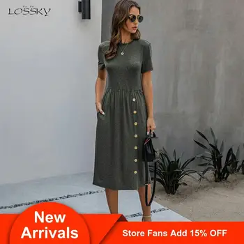 

Summer Tshirt Long Dress Knitted Casual Women Button Up Pocket Midi Dresses Elegant Ladies Fitted Clothes 2020 Dresses For Women