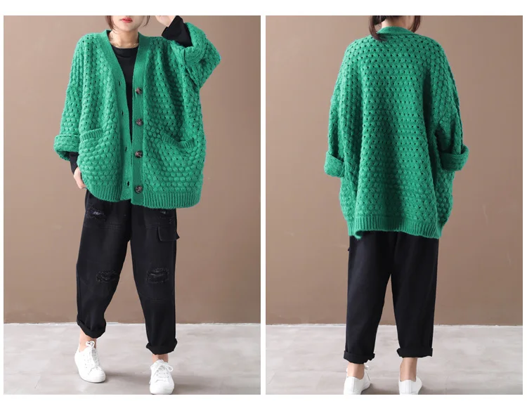 OriginRetro женский Однотонный свитер с длинным рукавом, повседневный Свободный кардиган, однобортный вязаный свитер с вырезом