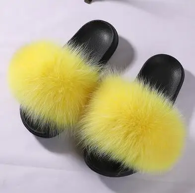 Yellow Тапочки унисекс с натуральным лисьим мехом; женские сандалии с мехом; женские меховые шлепанцы; женская пушистая домашняя обувь на плоской подошве; женские кроссовки; Лидер продаж - Цвет: Yellow