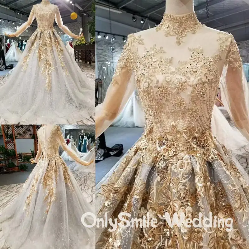 Vestidos De Novia золотые кружевные свадебные платья мусульманский арабский Высокий