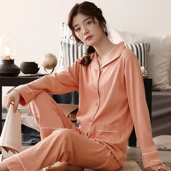 

Women's Spring and Autumn Cotton Long-Sleeved V-neck Cardiga Tops Korean-Style Thin Plus-sized Sleeping Home Suit
