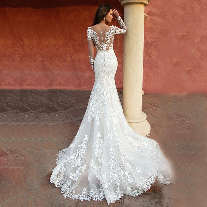 Кружевное на заказ свадебное платье русалки белое свадебное платье с длинными рукавами сексуальное винтажное платье невесты Robe de mariage