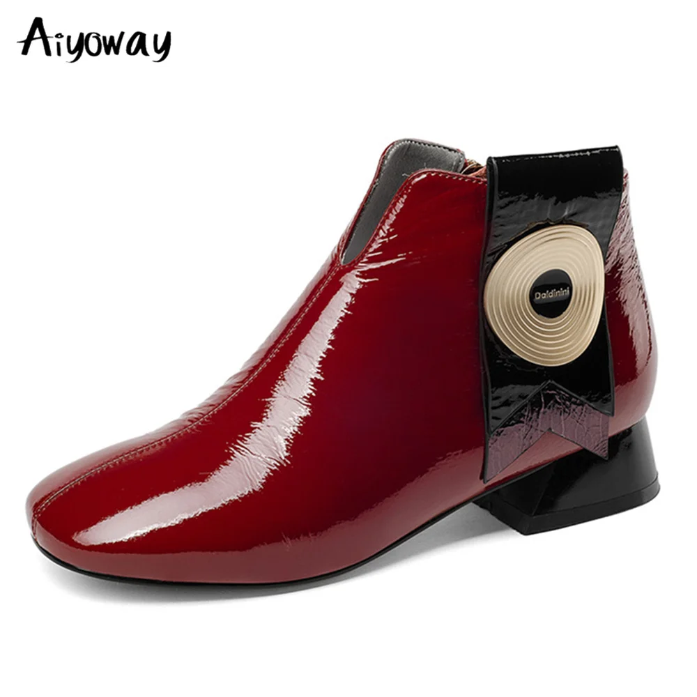 

Brand Design New Patent Leather Women Shoes High Heels Ankle Boots Chunky High Heels Autumn Winter Ladies Shoes Woman Aiyoway