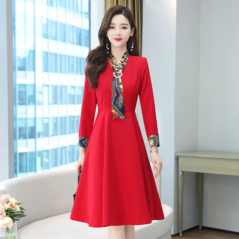 Elegant Fashion Print Scarf Collar Party Dress Women 2022 New Spring