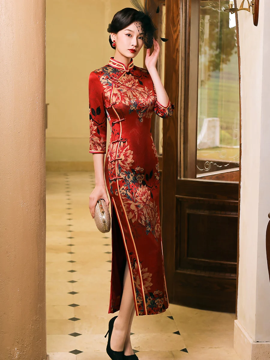 Silk Qipao Evening Dresses Red Print Customized Cheongsam Dress  MiddleSleeve Cheongsams Long Qipao Chinese Dress Oriental Dress -  AliExpress 200000532