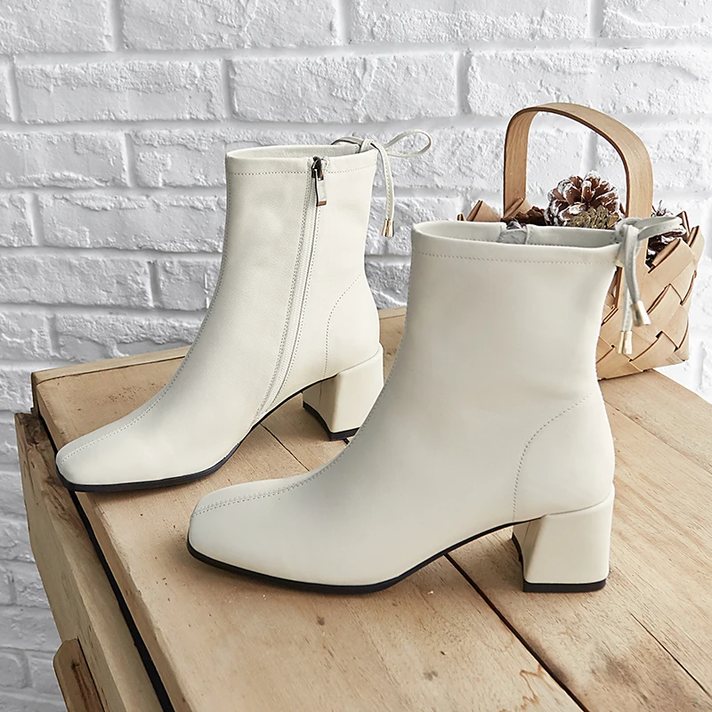 Women's genuine leather thick high heel autumn ankle boots square toe female fashion short booties bowtie zip boots shoes women