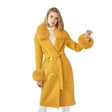 MAOMAOFUR кашемировое шерстяное пальто воротник из натурального Лисьего меха пиджак с манжетами с поясом Зима Осень Женское шерстяное пальто