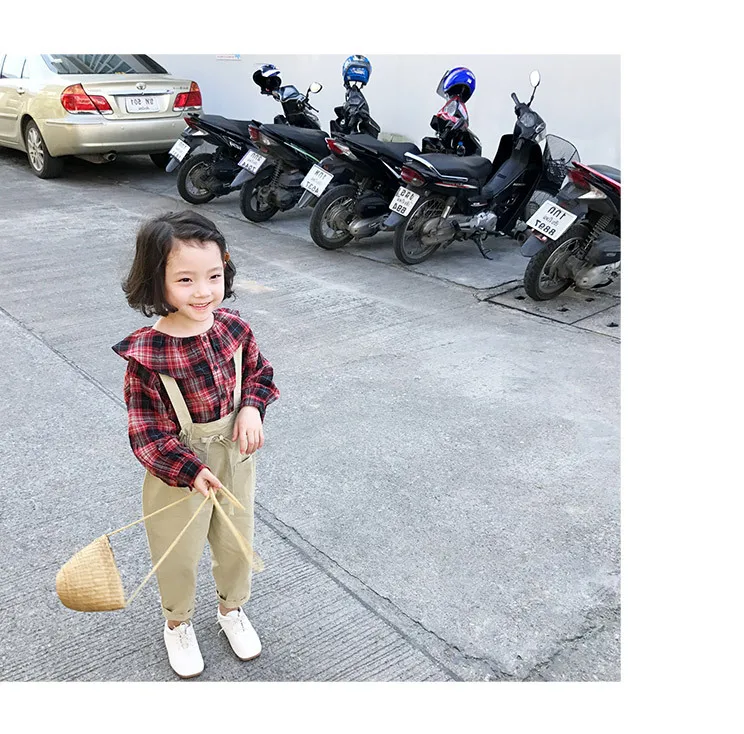 new autumn item girl fashion suit including plaid shirt+suspender pant 2pcs per set