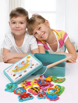 

15Pcs Game Educational Outdoor Toy Fish Wooden Magnetic Fishing Toy Set Fish Parent-child Exchange interactive toy juguetes