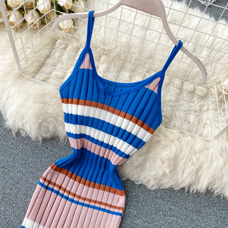 Vintage 2020 V Neck sexy striped print Slim Bodycon Knitted short Dress Summer Party Women spaghetti strap dress Club dresses