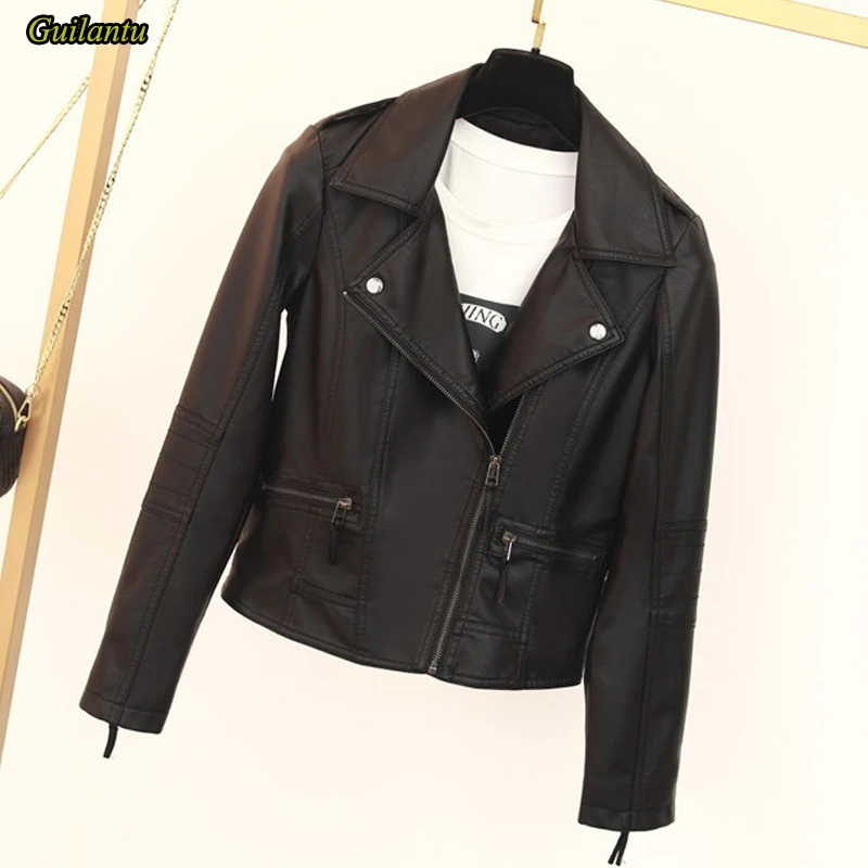 

Guilantu Spring Autumn Motorcycle Biker Leather Jacket Women Fashion Turn-down Collar Zipper Faux Pu Leadies Streetwear Coat