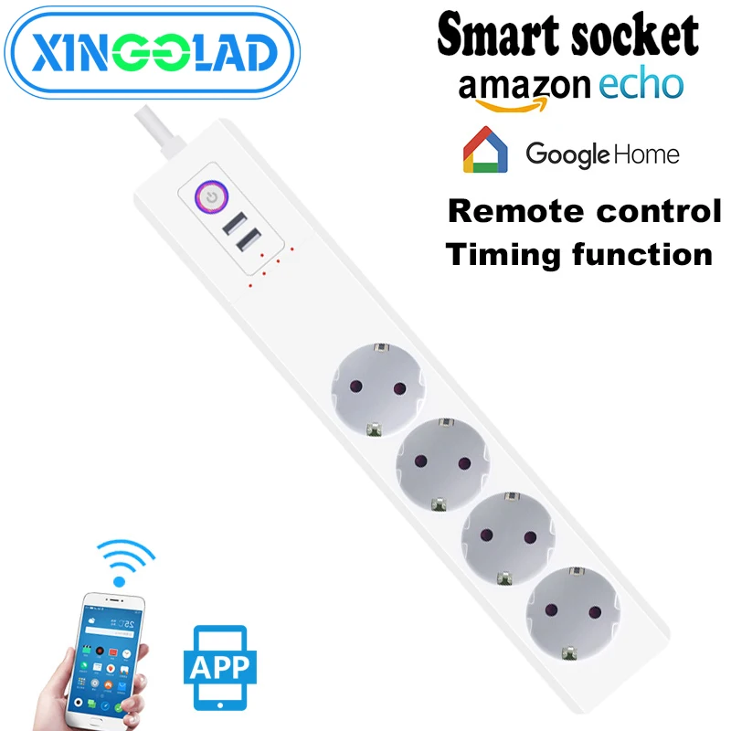 

10A EU RUS WiFi Smart Power Socket Strip 4 Outlet 2 USB Supply Surge Protector Plug Voice Controlled 100-240V Network Filter