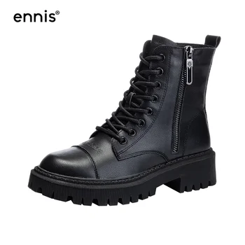 

ENNIS Brand Genuine Leather Martin Boots Platform Womens Lace Up Boots Autumn Winter Booties Rouns Toe Black Shoes Fashion A21A