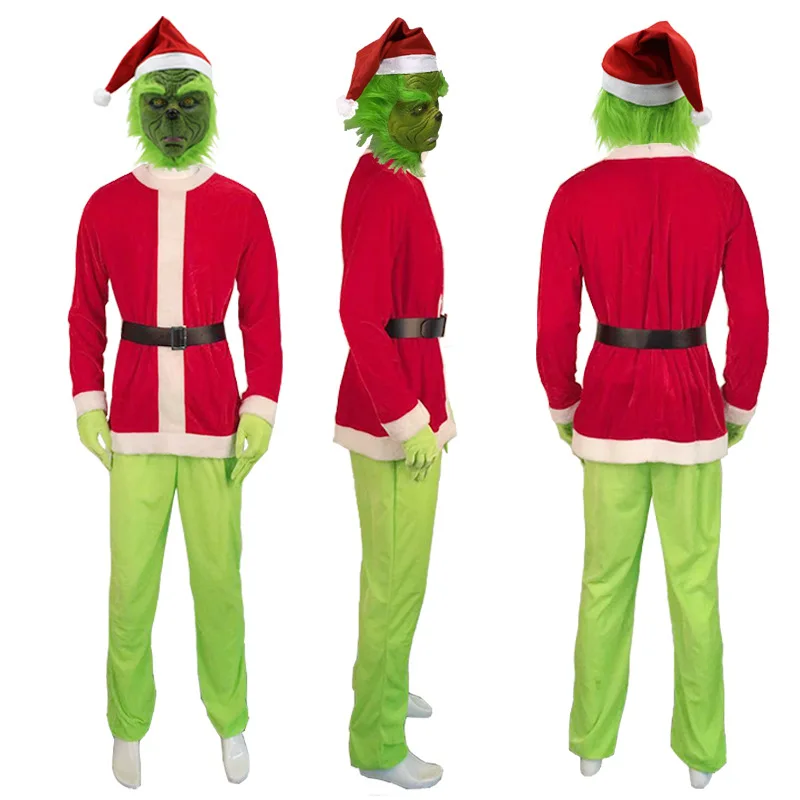 Рождественский костюм Grinch для костюмированной вечеринки; мужской костюм Санта-Клауса для взрослых; топ+ брюки+ шапка+ перчатки+ обувь; вечерние костюмы для маскарада