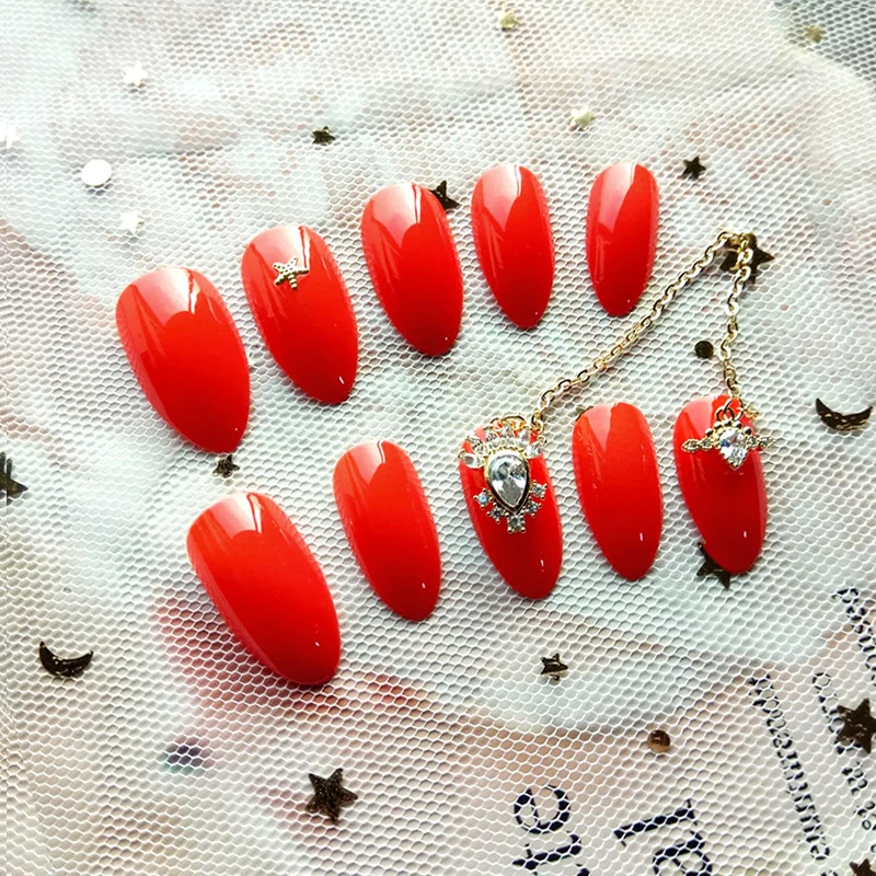 Nusx 24pcs Fake Nail With Crystal Chain Art Design Acrylic Press On Nail Tips Full Cover 2