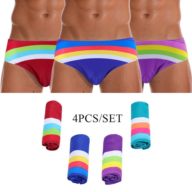 

2019 New Men Waterproof Swimming Briefs Men Sexy Colored Striped Printed Swimming Trunks For Bathing Man Beach Shorts Boardshort
