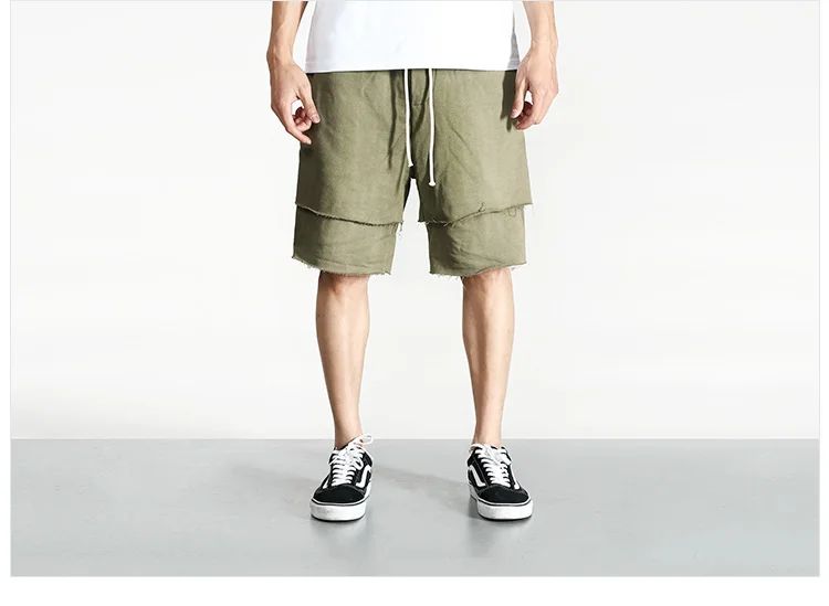 Solid Summer Men Fake Two Pieces Loose Style Casual Shorts Mens Hip Hop High Quality Cotton Street Drawstring Knee Length Shorts
