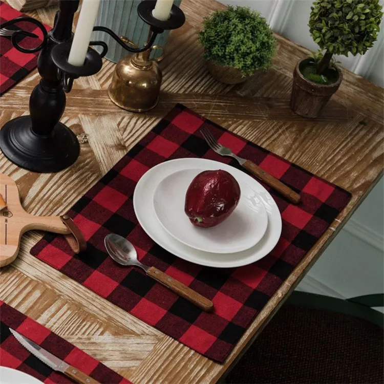 Free Shipping Red Black Big Plaid Placemat Kitchen Accessories Cotton Flax Cloth Mat Pads Dining Placemats Mantel Individual