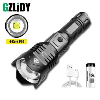 

USB Rechargeable Flashlight 4 Core P90 LED Powerful Torch Super Bright Waterproof Camping Lantern Zoomable 18650/26650 Lamp
