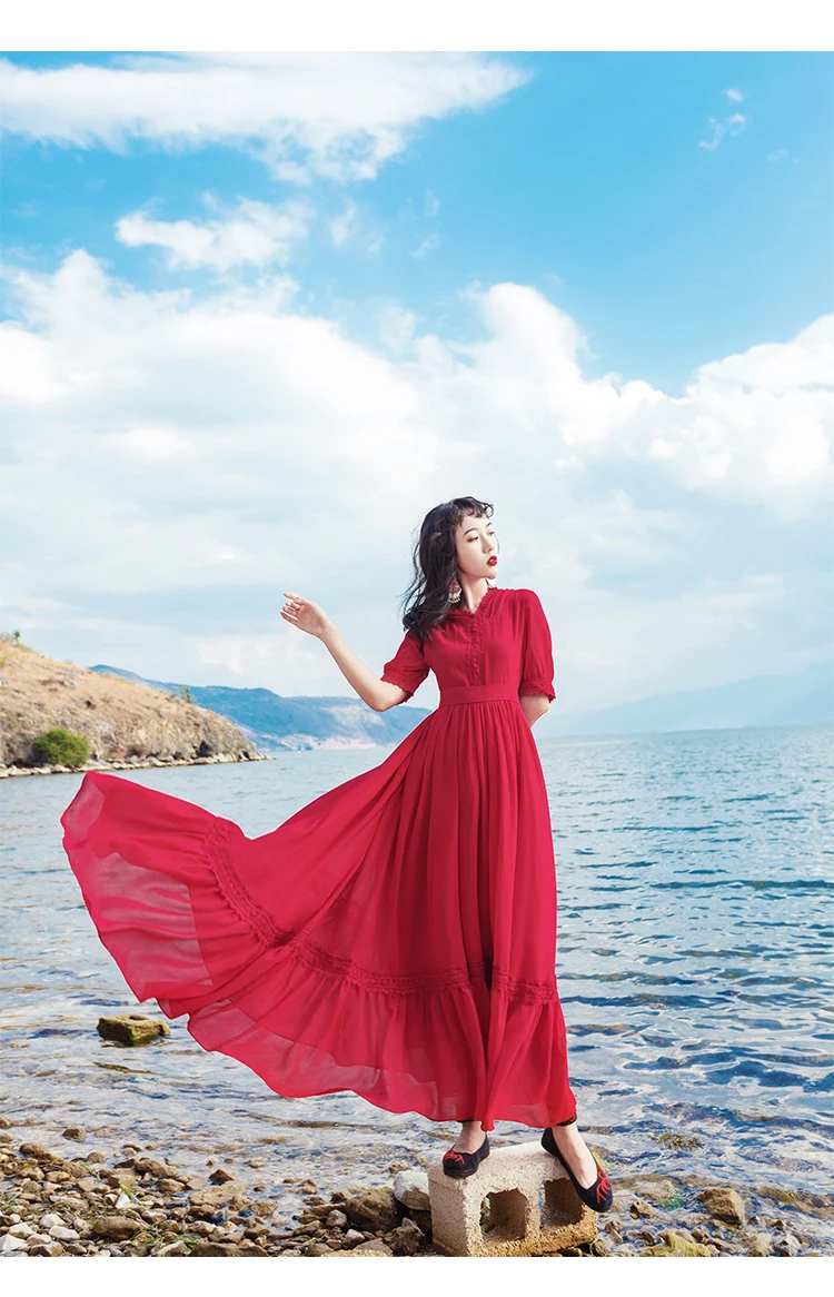 Винтажное красное шелковое и Атласное летнее пляжный отдых длинное платье летние женские Короткие рукава с оборками с капюшоном с поясом и поясом