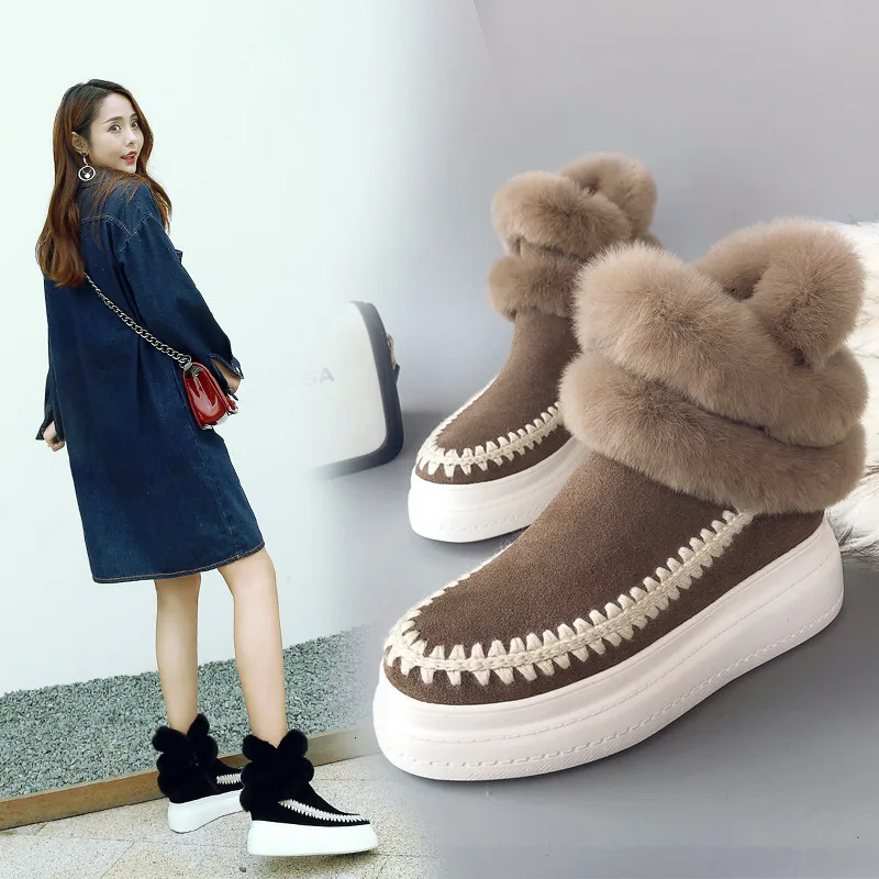 

Boots Woman Rabbit's Keep Warm Non-slip With Thick Bottom Muffin Short Boots Genuine Leather