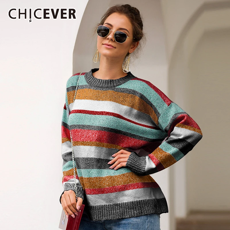 

CHICEVER Striped Hit Color Female Jumper Sweaters O Neck Long Sleeve Loose Casual Knitting Sweater For Women Fashion New Autumn