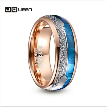 

8mm Wide Tungsten Carbide Ring Rose Gold Plating Inlaid Blue Shell Meteorite Arrow Dome Tungsten Steel Ring Wedding Men Jewelry