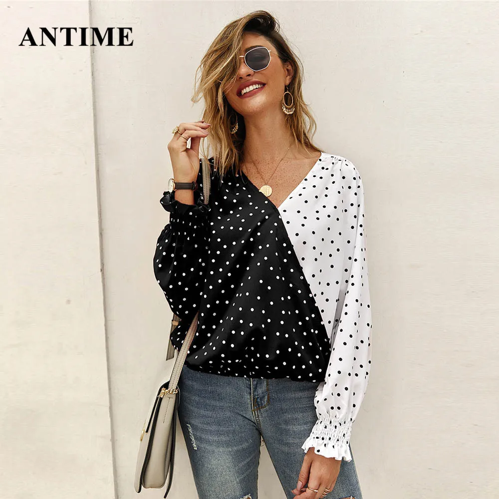 

Antime Polka Dot Patchwork Women Chiffon Shirt Casual Long Sleeve V Neck Print Autumn Winter Lady Pullovers Tops