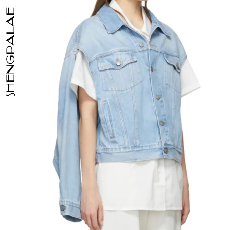 

SHENGPALAE 2019 New Fashion Autumn Two Kinds Of Wearing Loose Coat Women Casual Short Fund Openable Cuffs Demin Jacket FT294